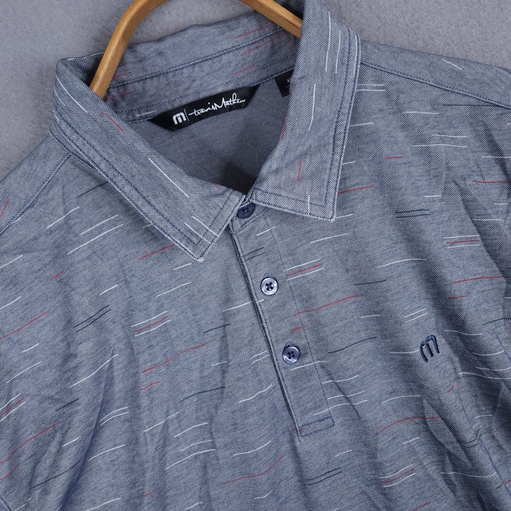 TravisMathew‎ Polo Shirt Mens XL Blue Dash Print Pima Cotton Blend Golf Sporty